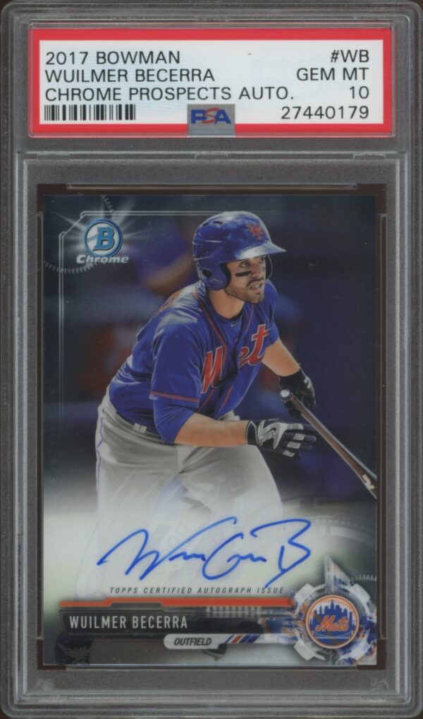 PSA 10 graded 2017 Bowman Chrome Prospect Autograph card of Wuilmer Becerra.