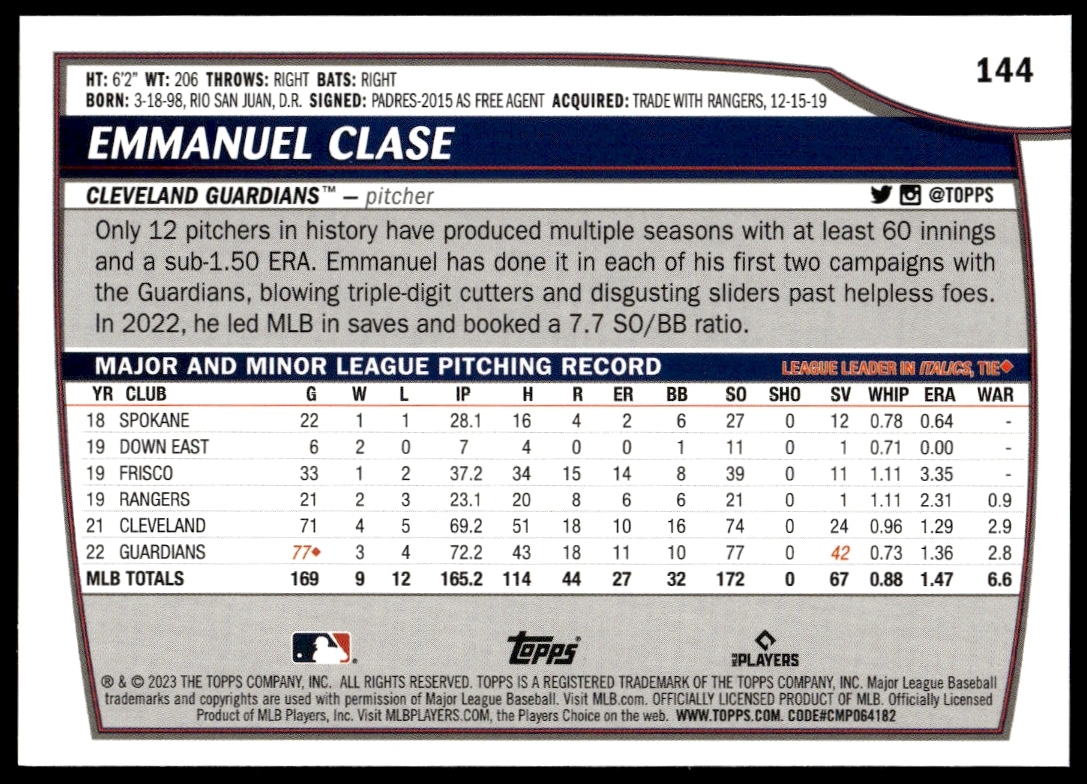 2023 Topps Big League Emmanuel Clase #144 (Back)