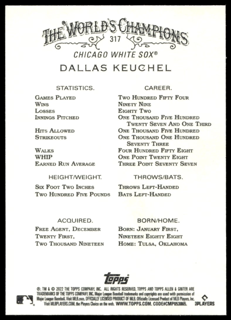 2022 Topps Allen & Ginter Dallas Keuchel #317 (Back)