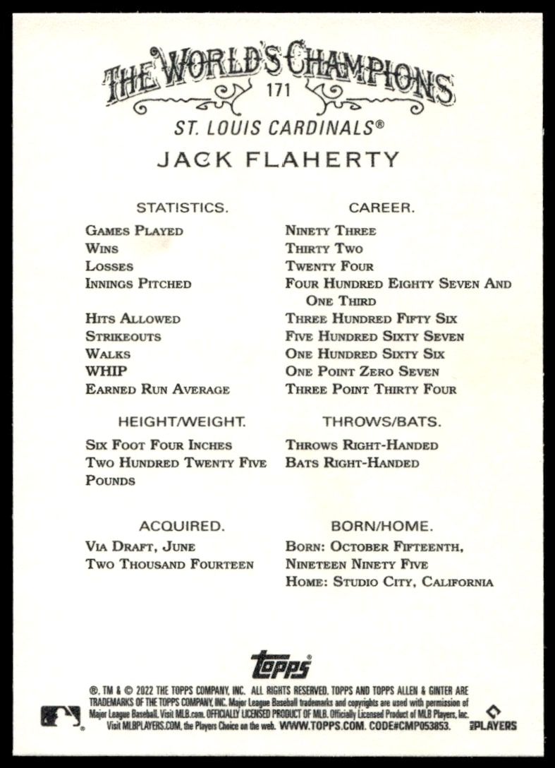 2022 Topps Allen & Ginter Jack Flaherty #171 (Back)