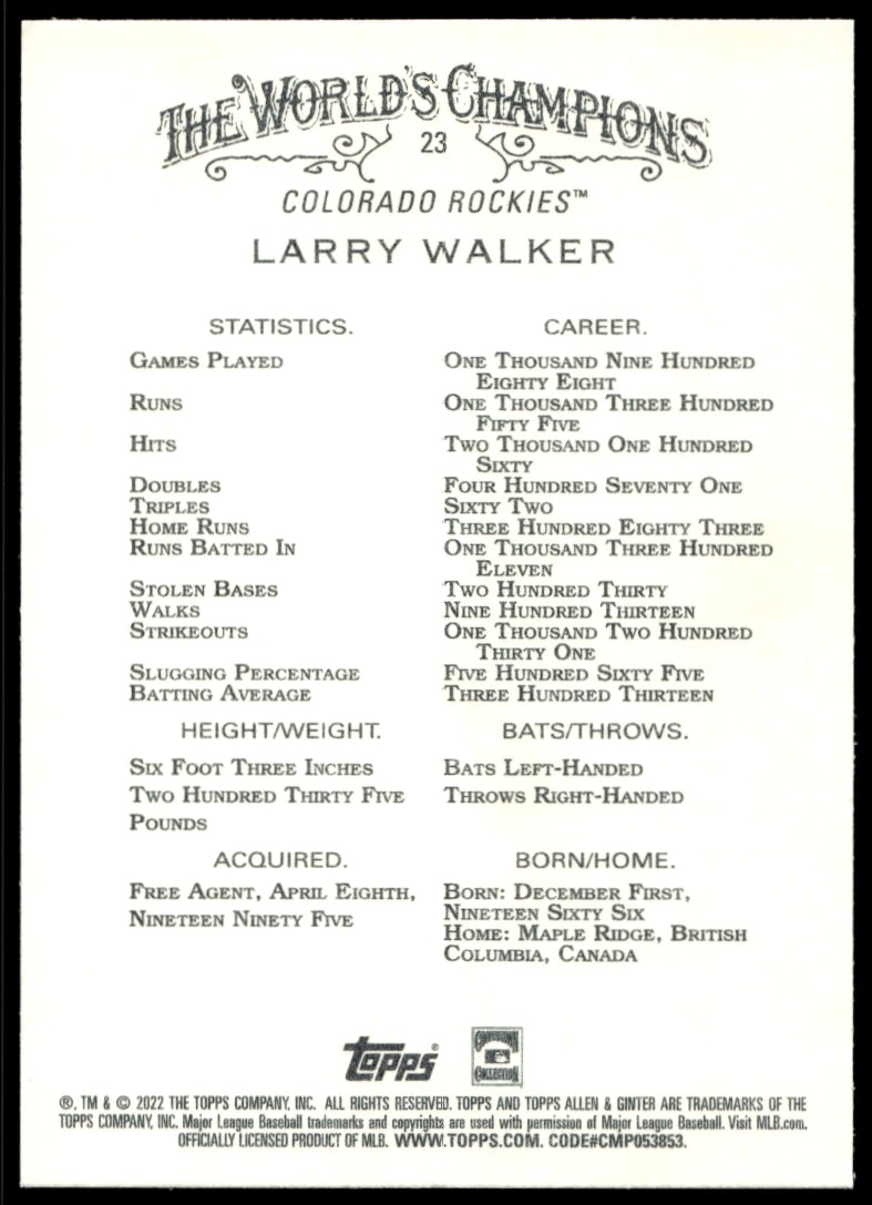 2022 Topps Allen & Ginter Larry Walker #23 (Back)