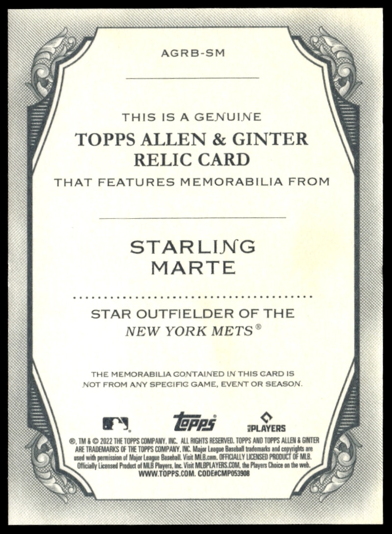 2022 Topps Allen & Ginter Starling Marte Full-Size Relics B Design #AGRB-SM (Back)
