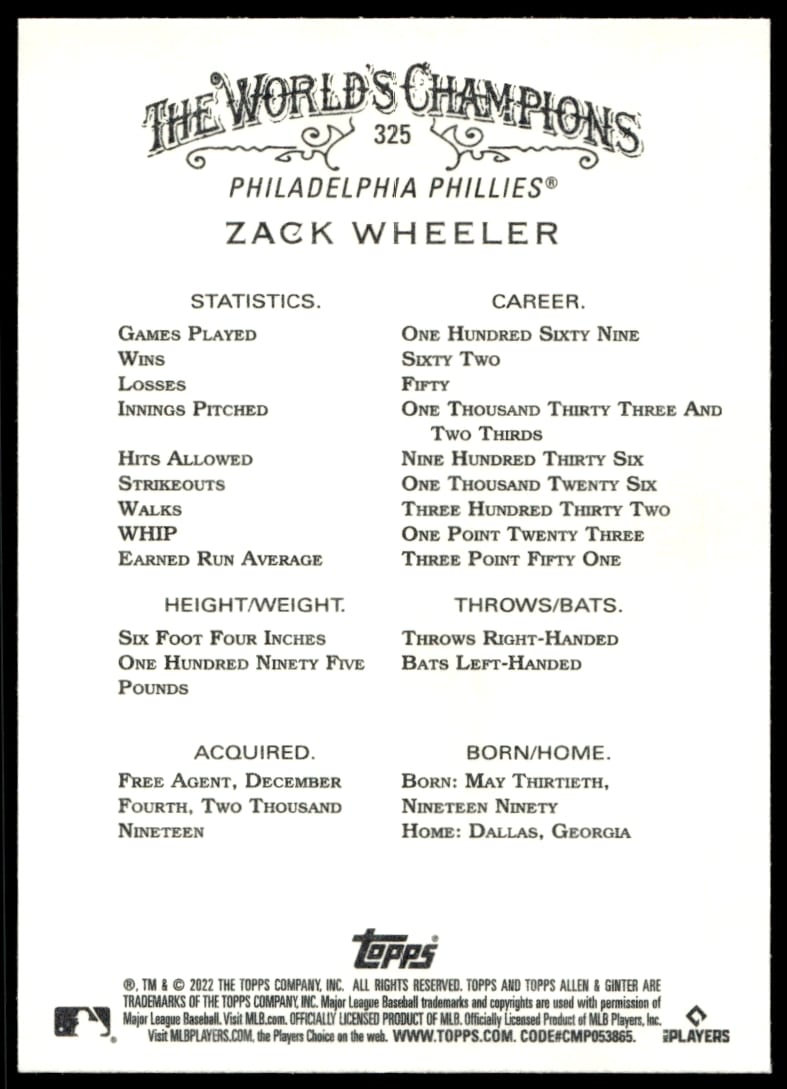 2022 Topps Allen & Ginter Zack Wheeler #325 (Back)