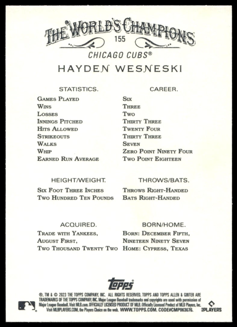 2023 Topps Allen & Ginter Hayden Wesneski #155 (Back)