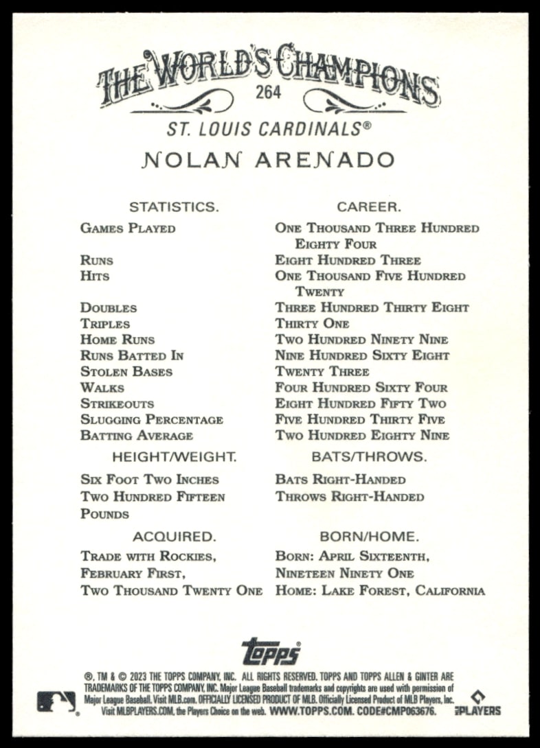 2023 Topps Allen & Ginter Nolan Arenado #264 (Back)