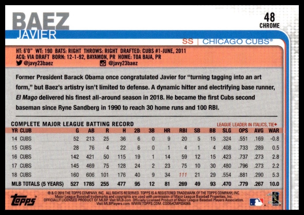 2019 Topps Chrome Javier Baez Prism Refractor #48 (Back)