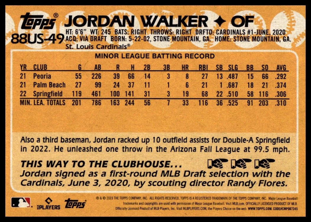 Vintage 2023 Topps baseball card showcasing player Jordan Walkers statistics and career highlights.