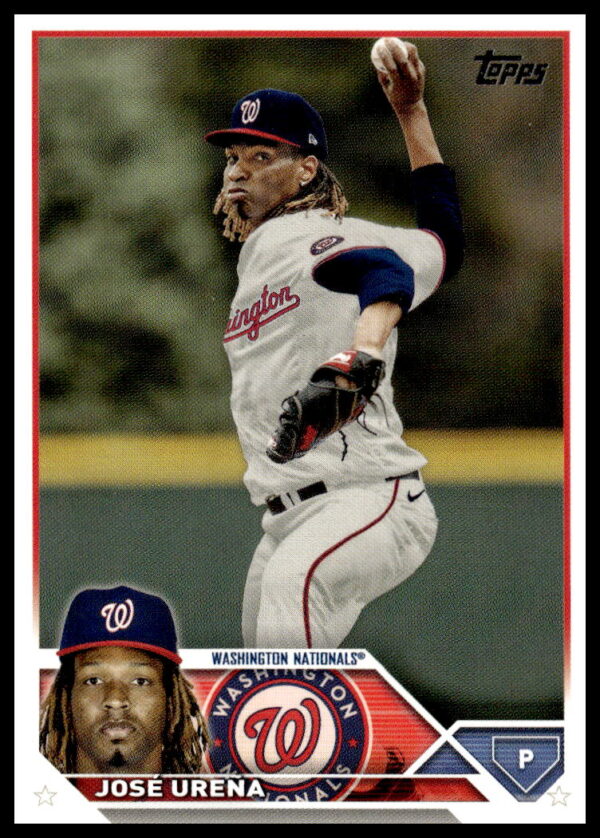 Jose Urena pitching for Washington Nationals on 2023 Topps baseball card.