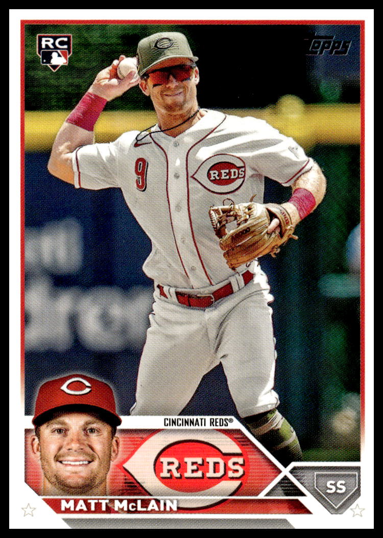 Rookie Matt McLain in action on 2023 Topps Update Cincinnati Reds baseball card.