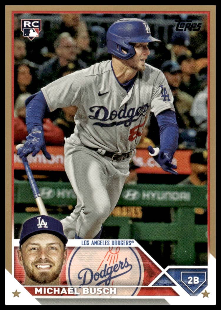 2023 Topps Update Rookie card featuring Michael Busch, LA Dodgers second baseman, in mid-action swing.