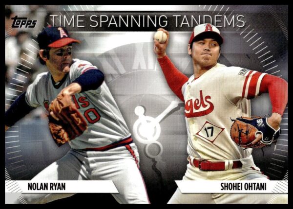 2023 Topps baseball card featuring Shohei Ohtani and Nolan Ryan in pitching action.