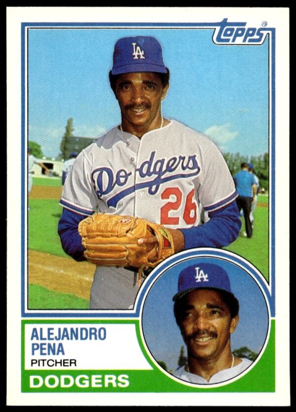 Alejandro Pena 1983 Topps Traded Dodgers card showing pitcher in action pose.