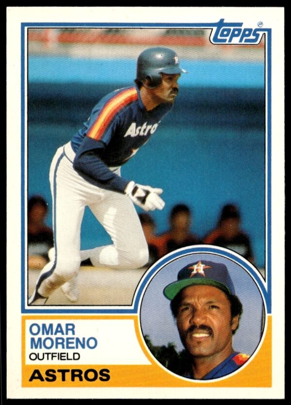 Omar Moreno in action, 1983 Topps Traded baseball card, Pittsburgh Pirates uniform.