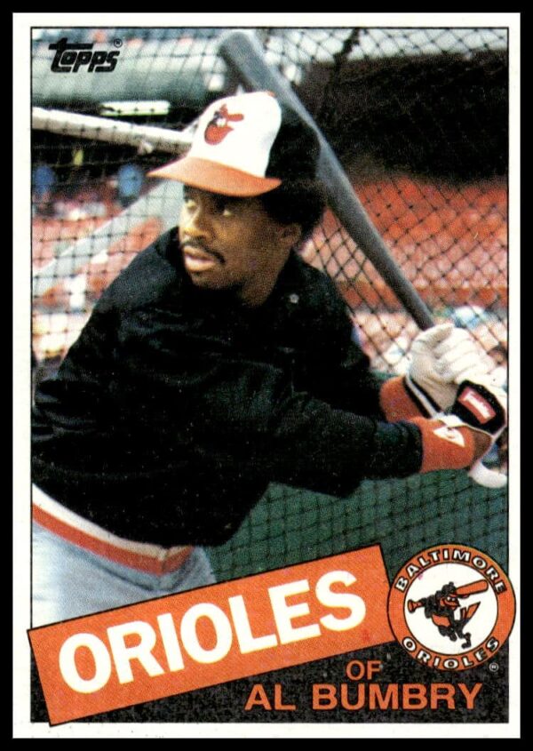 Al Bumbry 1985 Topps card #726, Baltimore Orioles action pose, collectors item.