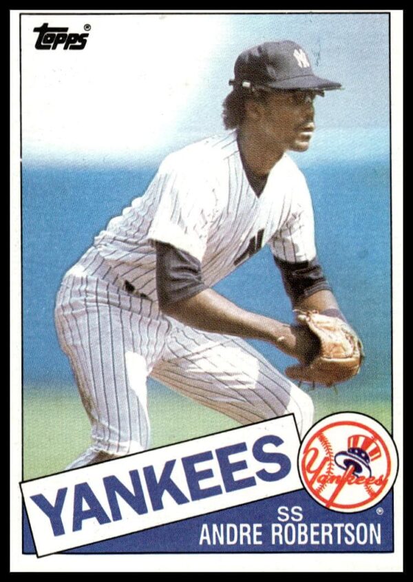 Front view of 1985 Topps Andre Robertson #354 baseball card in Yankees uniform.