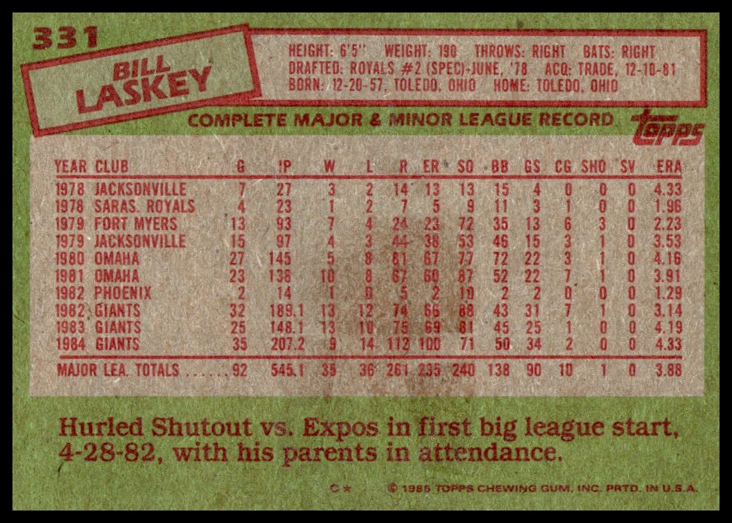 1985 Topps Bill Laskey baseball card back, featuring stats and achievements with San Francisco Giants.
