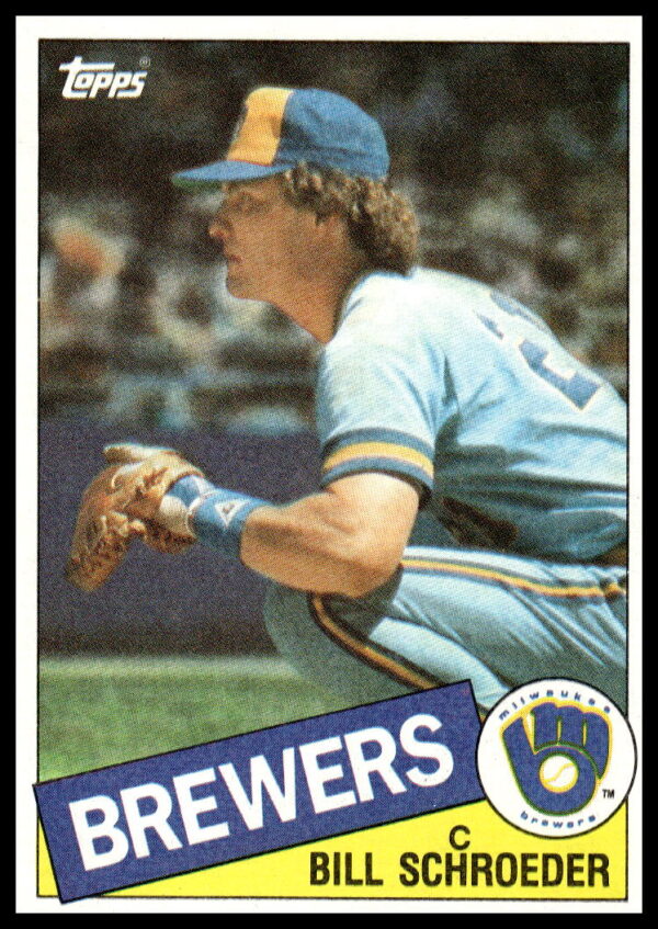 Front of 1985 Topps Bill Schroeder baseball card #176 in batting pose.