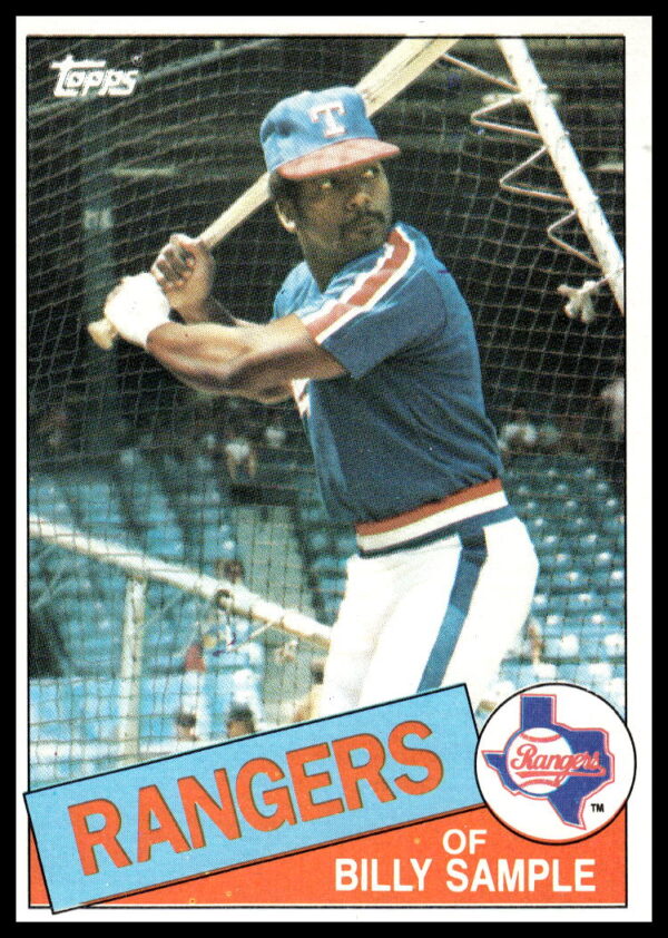 1985 Topps Billy Sample baseball card #337 front, showing action pose in Texas Rangers uniform.