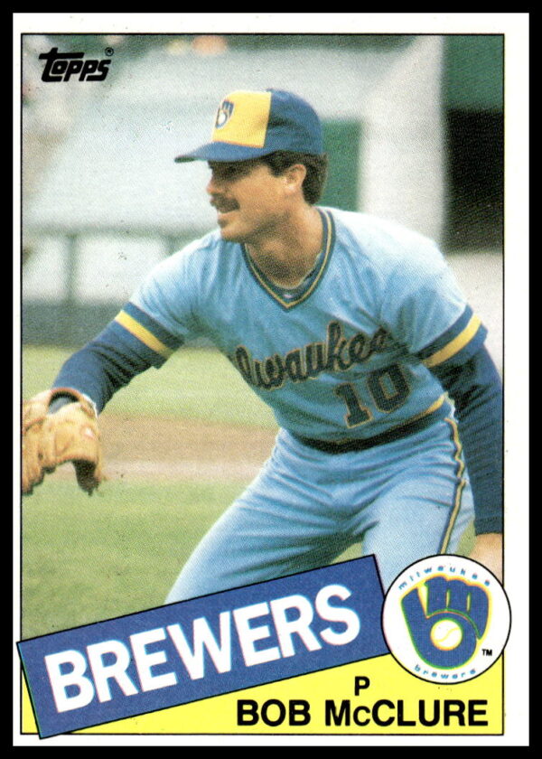 Bob McClure 1985 Topps Card #203, Milwaukee Brewers Pitcher, Mid-Pitch Action Shot.