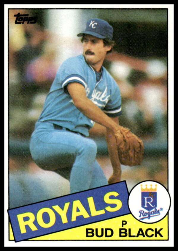 1985 Topps Bud Black card #412, Kansas City Royals, pitching pose.