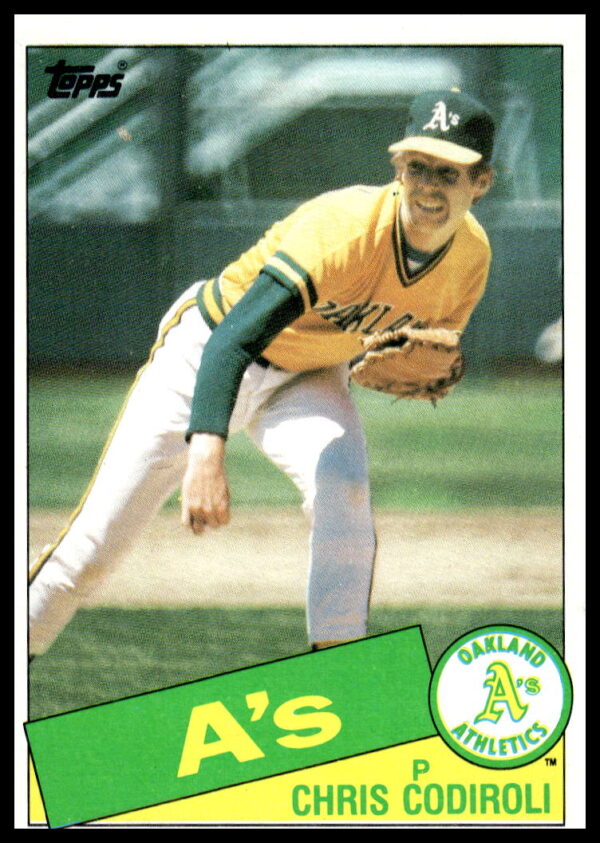 Chris Codiroli 1985 Topps card #552, Oakland As pitcher, sunny field portrait.