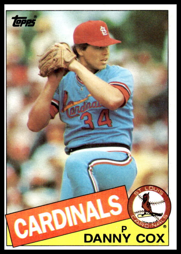 1985 Topps Baseball Card front of Danny Cox in Cardinals uniform, vibrant portrait #499.