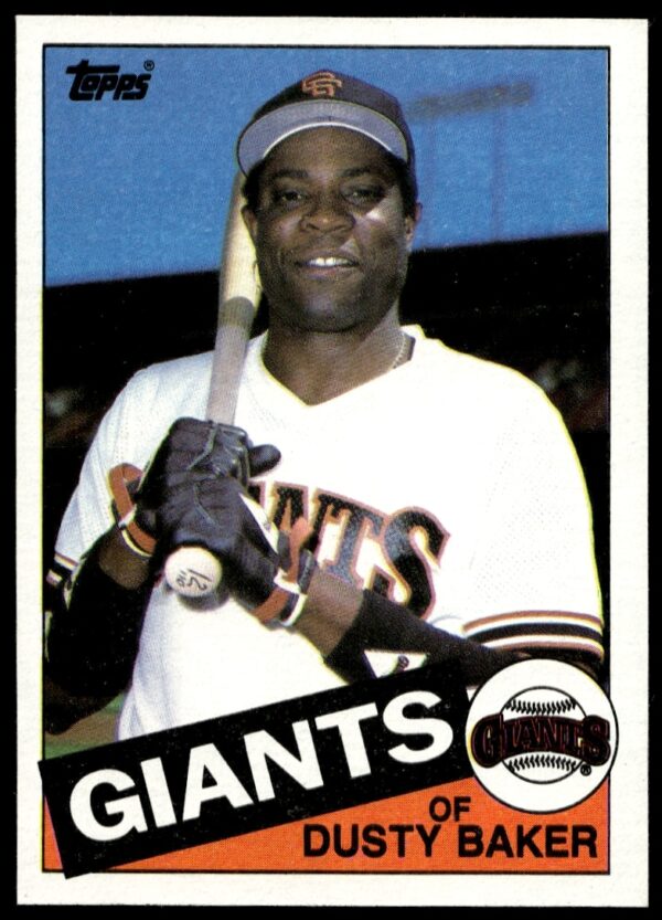 Front view of 1985 Topps Dusty Baker baseball card #165, showcasing batting pose.