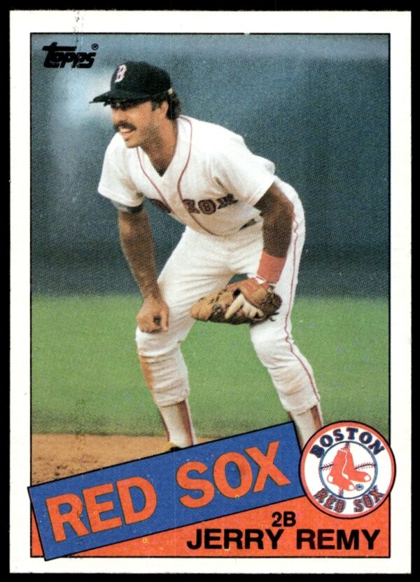 1985 Topps Jerry Remy Baseball Card #761, Boston Red Sox, dynamic play capture.