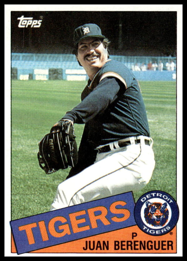 Vintage 1985 Topps card of pitcher Juan Berenguer, Minnesota Twins, mid-pitch, card #672.