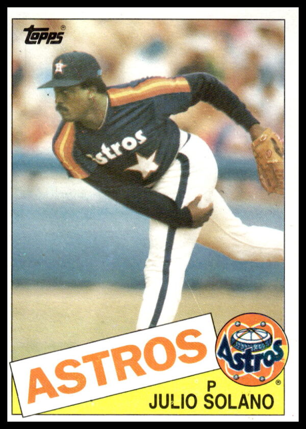1985 Topps Baseball Card #353, Julio Solano, Houston Astros, front view, mid-action shot.