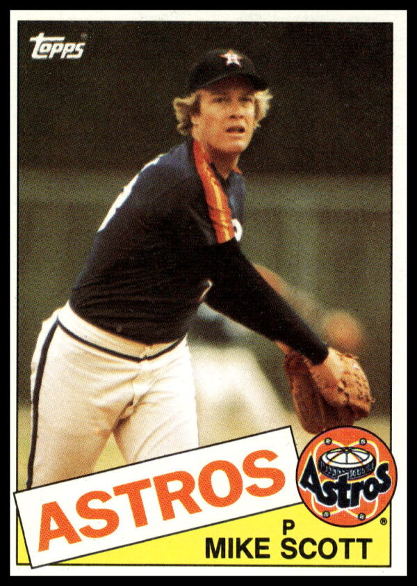 Front of 1985 Topps baseball card, Mike Scott #17, Houston Astros pitcher action shot.