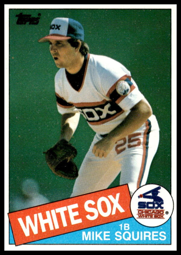 Mike Squires 1985 Topps Baseball Card #543, Chicago White Sox, holding bat, mid-action pose.