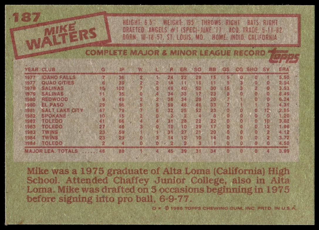 Back of 1985 Topps Mike Walters baseball card, featuring career stats and MLB highlights.