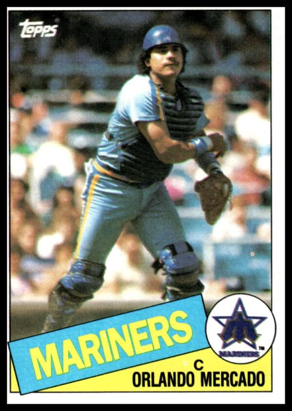 Orlando Mercado 1985 Topps baseball card #58, Seattle Mariners uniform, vibrant 80s design.