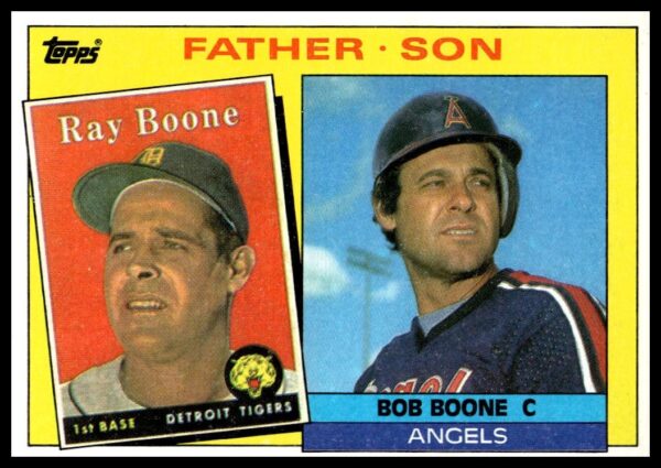 1985 Topps baseball card featuring Ray and Bob Boone, iconic MLB father-son duo.