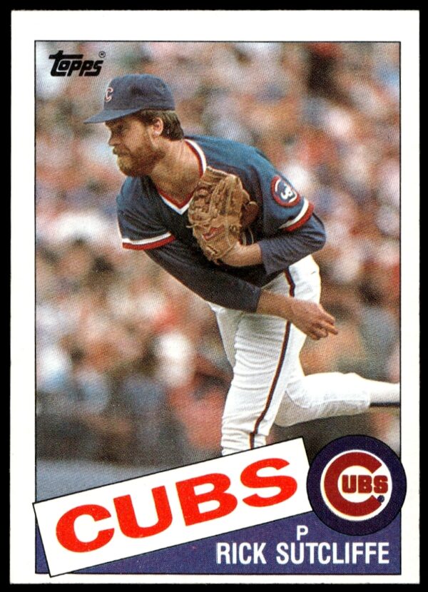 1985 Topps Rick Sutcliffe baseball card, Cubs pitcher mid-pitch in uniform.