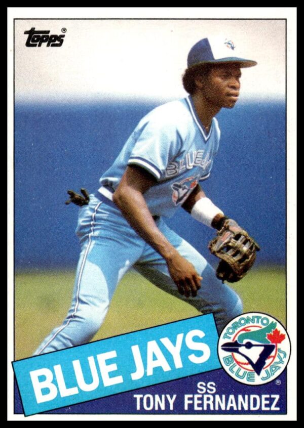 1985 Topps baseball card of Tony Fernandez in Blue Jays uniform, card #48.