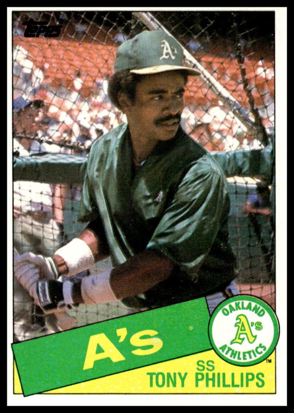 1985 Topps Tony Phillips Baseball Card #444, Oakland Athletics, action shot.