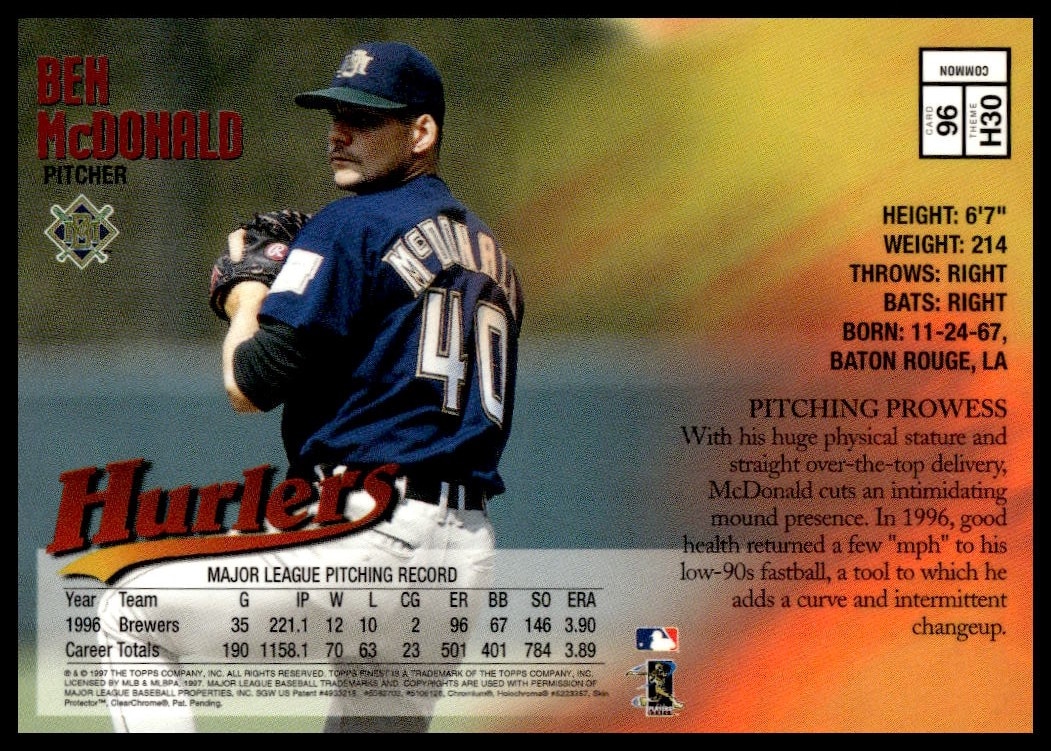 1997 Topps Finest Ben McDonald #96 back, displaying career stats and highlights.