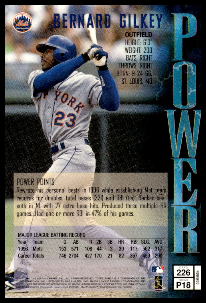 Back of 1997 Topps Finest Bernard Gilkey card with stats, bio, and career highlights.