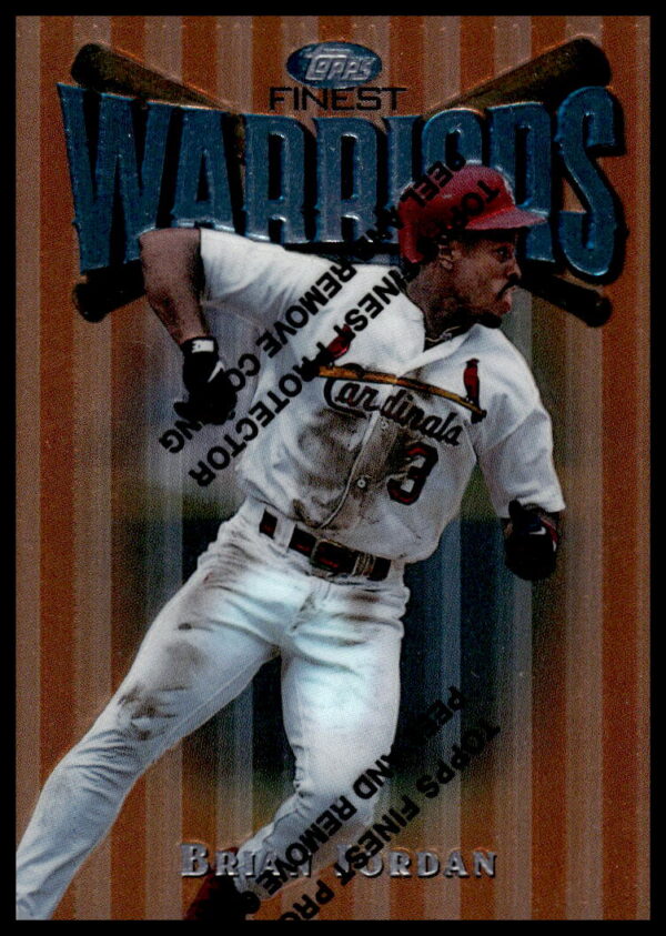 1997 Topps Finest Brian Jordan baseball card, featuring vibrant graphics and player in uniform.