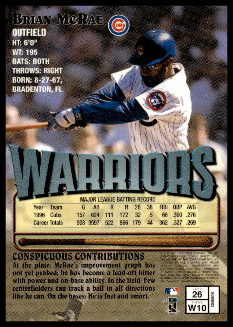 Brian McRae 1997 Topps Finest card back showcasing stats and career overview.