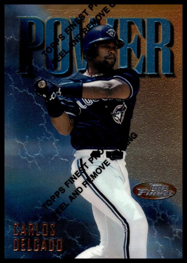 1997 Topps Finest card of Carlos Delgado in Blue Jays uniform, #57, featuring batting stance.