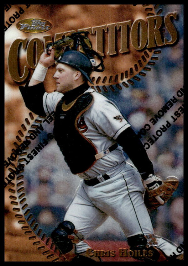 1997 Topps Finest Chris Hoiles baseball card, Orioles catcher, card #195, vibrant colors.