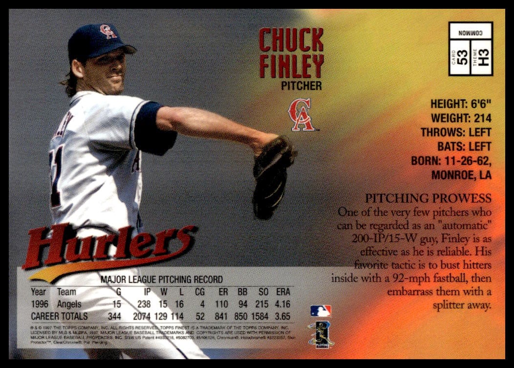 Chuck Finley 1997 Topps Finest card, back, stats, biography, collectible.