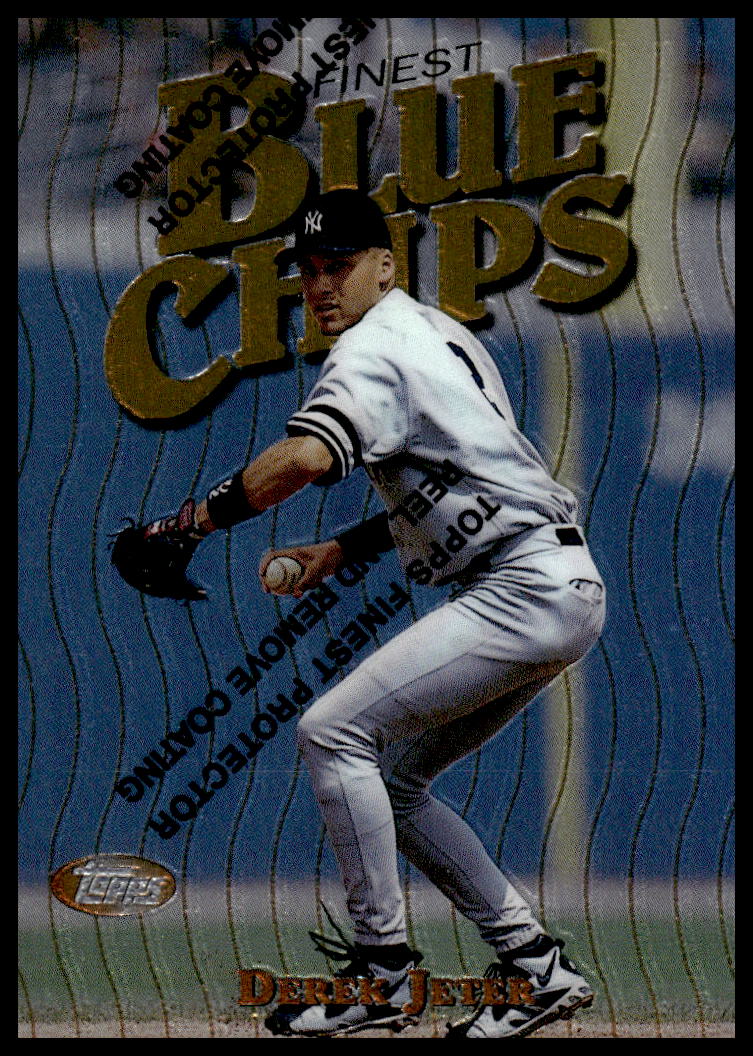Front view of 1997 Topps Finest Derek Jeter baseball card #15 in Yankees uniform.