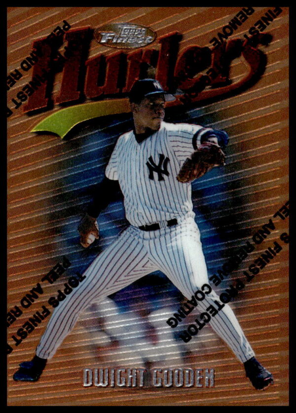 1997 Topps Finest Dwight Gooden #51, Yankees, glossy metallic card, action pitch, holographic.