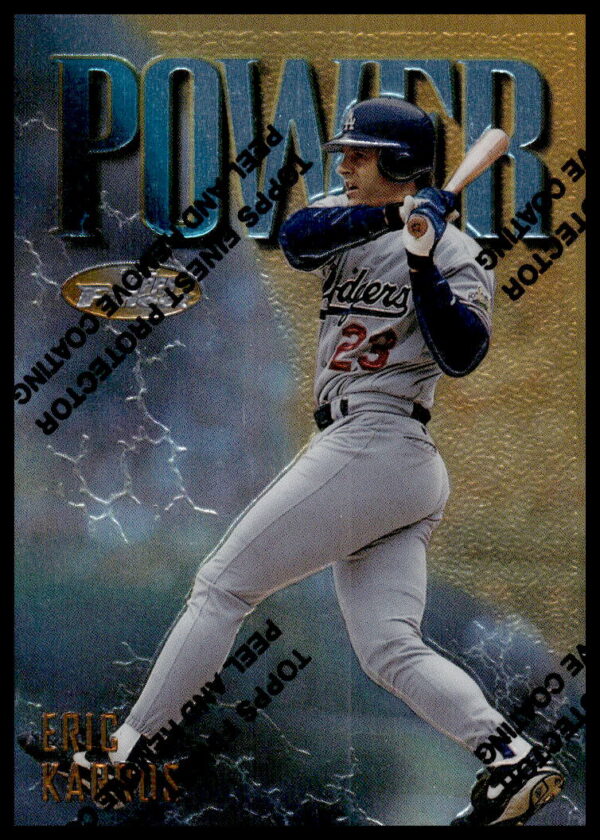 1997 Topps Finest Eric Karros Baseball Card #255, Los Angeles Dodgers, Dynamic Action Pose.