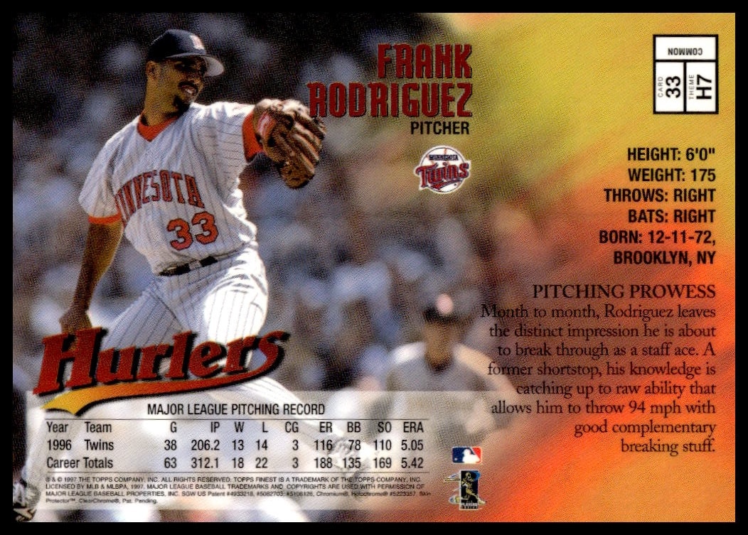 Back of 1997 Topps Finest Frank Rodriguez card with stats and profile, #33.