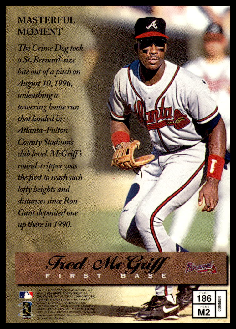 Back of Fred McGriffs 1997 Topps Finest card #186, featuring MLB stats and highlights.